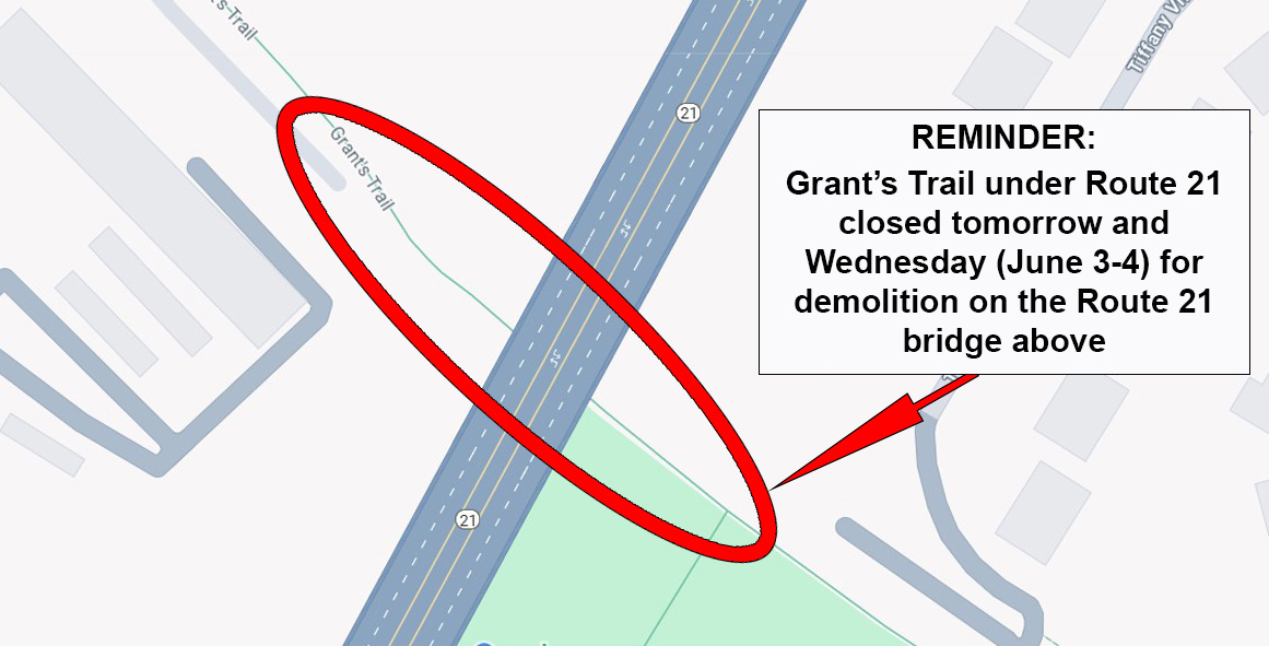 Reminder: Grant's Trail under Route 21 in south St. Louis County will be closed tomorrow and Wednesday (June 3-4) as crews remove a portion of the Route 21 bridge overhead. modot.org/node/68532 <a href="/Trailnet/">Trailnet</a> <a href="/GreatRiversSTL/">GreatRivers Greenway</a>