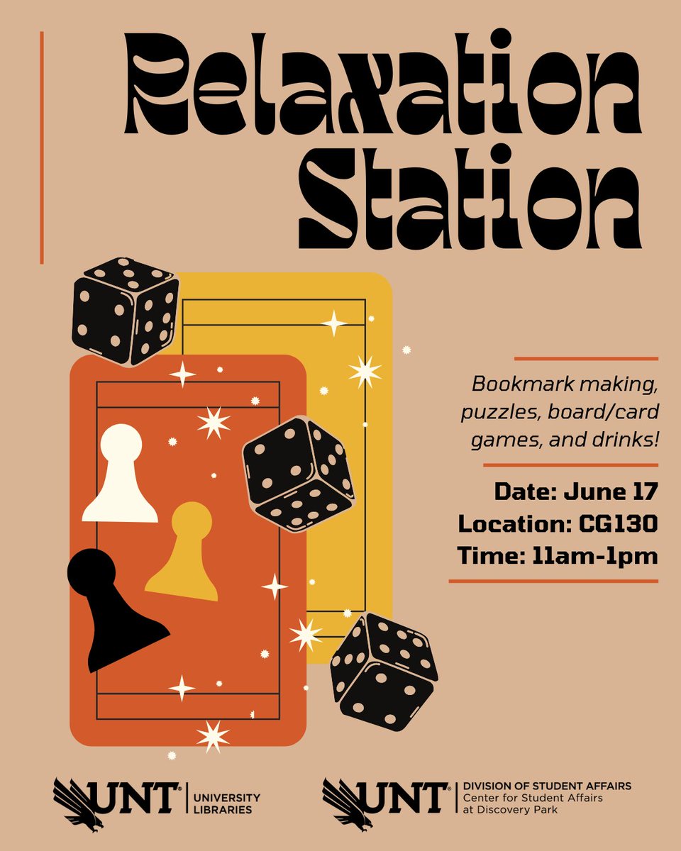 Take a break and unwind with us! 🎲✨ We are collaborating with Discovery Park's library and providing everyone with board games, card games, puzzles, refreshments, bookmark crafting, and more!

🗓️ June 17
⏰ 11am-1pm
📍 CG130

#UNT #UniversityofNorthTexas #DiscoveryPark