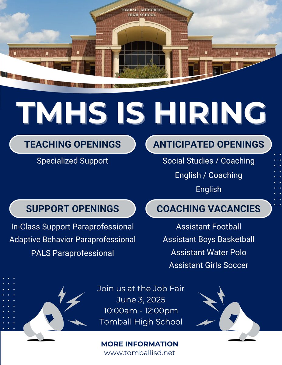 Tomball Memorial is looking to hire!  Here are a few openings that are still available and a few anticipated!  

Come see us TOMORROW from 10am-12pm at Tomball High School!  Share with your friends!    You won't want to miss an opportunity to work at the Navy Empire!  #BECATS