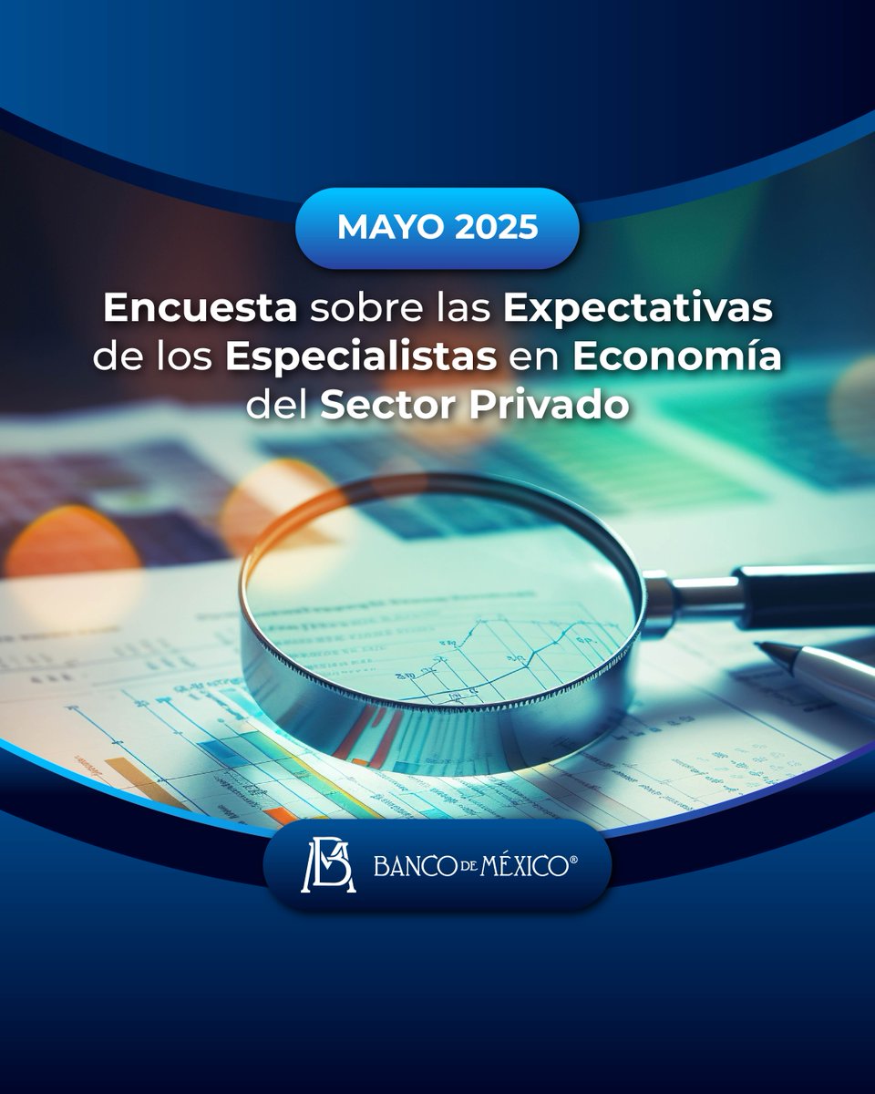 El #BancodeMéxico dio a conocer los resultados de la Encuesta sobre las expectativas de los especialistas en economía del sector privado de mayo de 2025. Aquí la puedes consultar:  bit.ly/3EV26yd