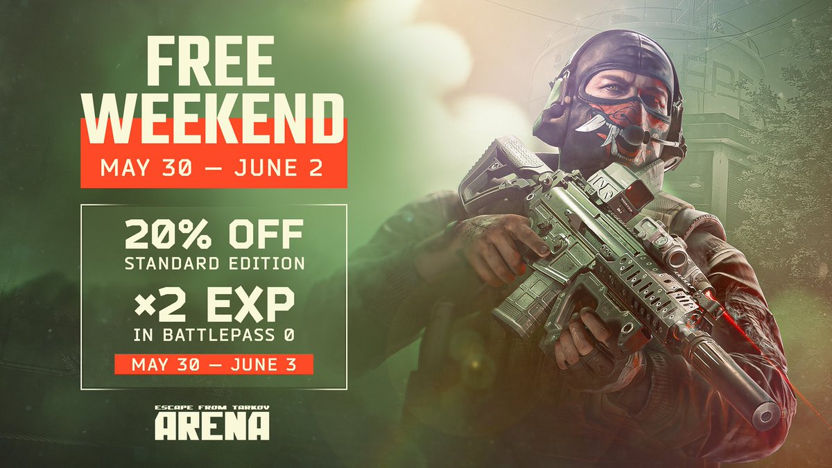 The Free Weekend event is over, but there’s still time to use a 20% discount on #TarkovArena, available until June 3.

On the official website: tarkov.com/s/free_weekend…
In Epic Games Store: tarkov.com/s/free_weekend…

It's time to become a gladiator!
