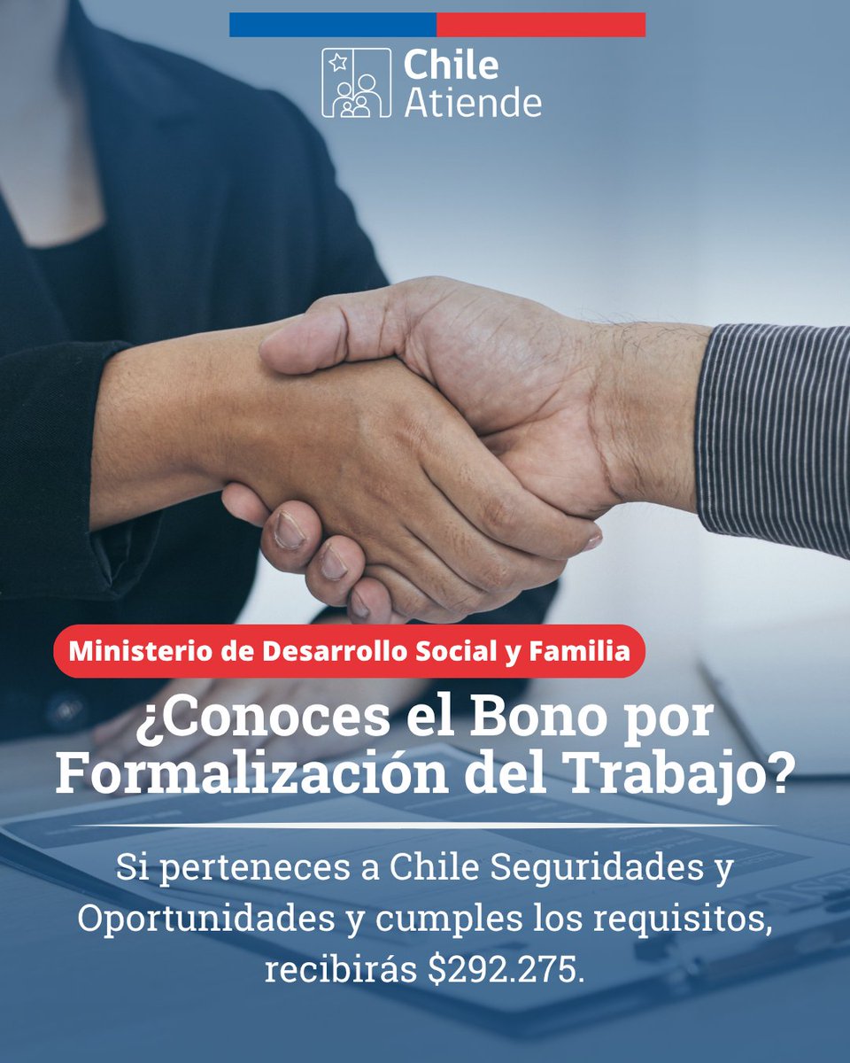 ☝️ ¿Te contrataron por primera vez y tu familia pertenece al Subsistema de Seguridades y Oportunidades?

✅ Si cumples los requisitos 👉 tinyurl.com/y5j3v5ev, podrías recibir el Bono por Formalización del Trabajo con un monto máximo de $292.275.

⚠️ No necesitas postular.