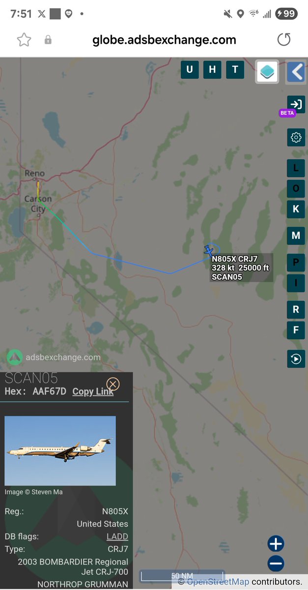 Borrowed7Time's tweet photo. Northrop Grumman CRJ-700 N895X #AAF67D as SCAN05 out of Reno, now circling W of Round Mountain NV.
@norb420 @SR_Planespotter @sipjack1776 @JANN_IIS https://t.co/f5TPgokOzH