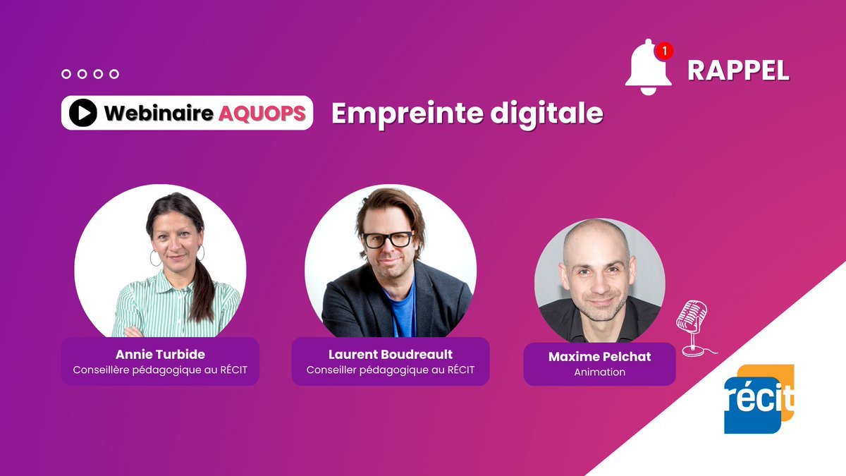 🌱 À l'agenda ce jeudi | #WebinaireAQUOPS 

Avec Annie Turbide et Laurent Boudreault (RÉCIT DP), on prend notre midi pour réfléchir à l’impact environnemental du numérique et trouver des pistes pour des pratiques plus écoresponsables.

Animation : Maxime Pelchat
🕛 12 h à 13 h
🔗