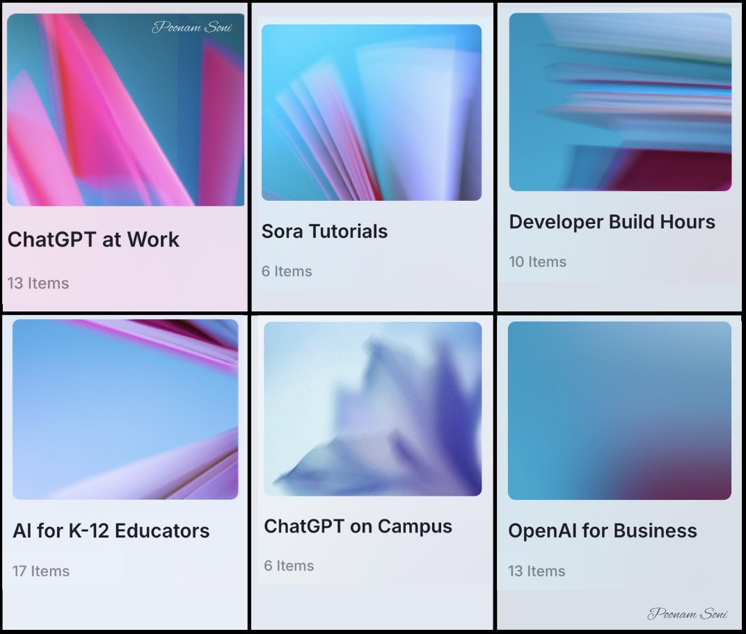 CodeByPoonam's tweet image. OpenAI just dropped free courses on OpenAI Academy.

You can learn:
- Prompt Engineering
- Text-to-Video using Sora
- AI in Business
- Practical uses of OpenAI's API and models.

and so much more...

6 best courses you don’t want to miss: