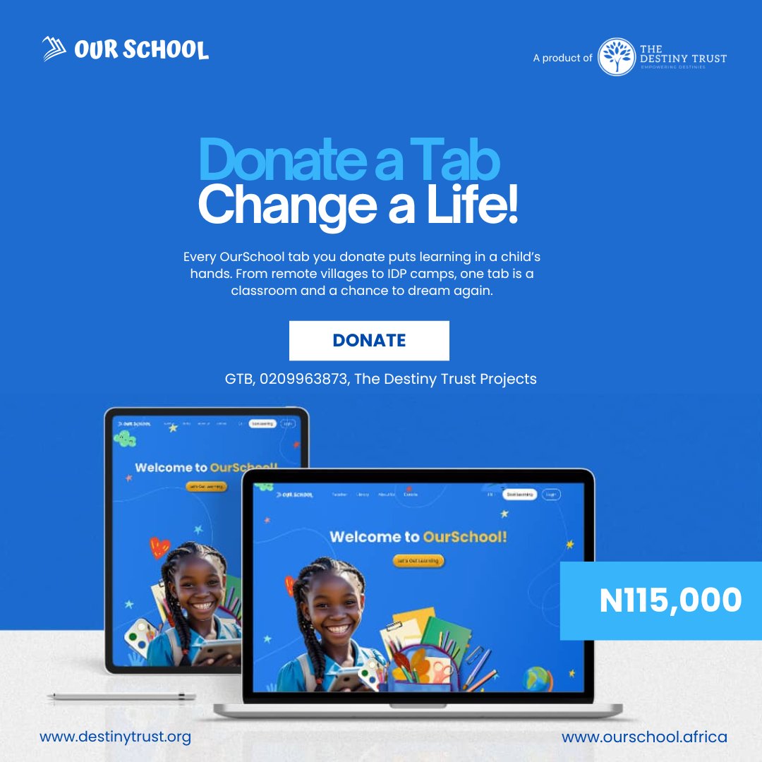 A tablet. A classroom. A future.

With every OurSchool tab you donate, a child without access to school can start learning again anytime, anywhere.

Donate a tab. Give the gift of education.
#OurSchoolAfrica #EducationForAll #DonateATab #DigitalLearning #LeaveNoChildBehind