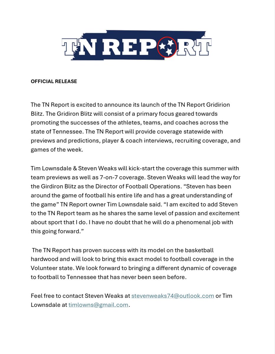 TheTNReport (@thetnreport) on Twitter photo The TN Report is excited to announce its coverage of football in Tennessee with the TN Report Gridiron Blitz.
I am looking forward to working alongside <a href="/TheRealWeaks/">Steven Weaks</a> in covering and growing the game of football in our state at a level that has never been seen before.
Release: The TN Report is excited to announce its coverage of football in Tennessee with the TN Report Gridiron Blitz.
I am looking forward to working alongside <a href="/TheRealWeaks/">Steven Weaks</a> in covering and growing the game of football in our state at a level that has never been seen before.
Release: