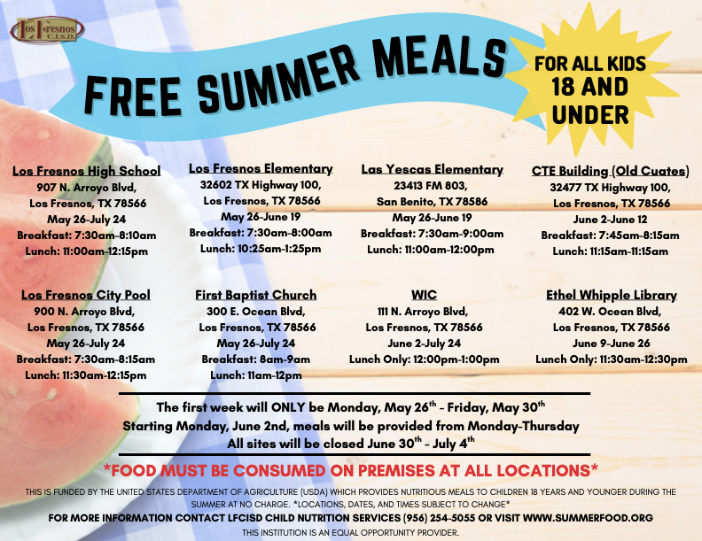 LosFresnosCISD's tweet image. 🍎FREE Summer Meals! 🍎
Los Fresnos CISD is proud to offer free meals to all children 18 years and younger from May 26 – July 24!
No registration needed – just show up and enjoy a healthy meal all summer long! *Food must be consumed on premises*