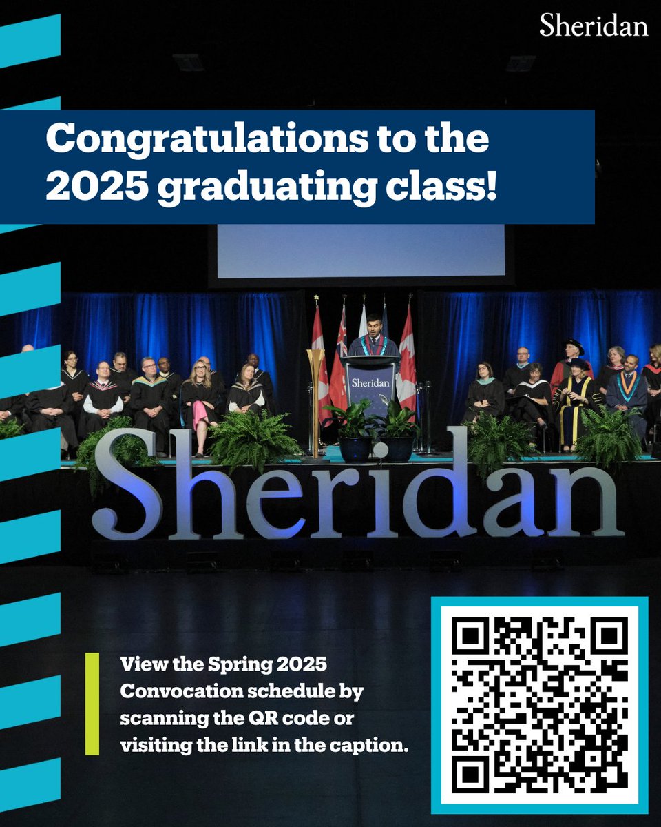 Join us in celebrating the 2025 graduating class. Scan the QR code or follow the link below to watch the ceremonies digitally. 

sheridancollege.ca/convocation/sc…