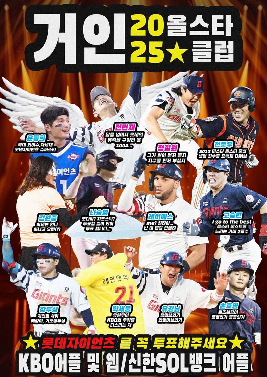 롯데자이언츠가 오피셜 올스타 투표 독려를 낋여오지
않았기에, 제가 후딱 30분동안 만들어 왔읍니다.

다들 [거/인/야/구/단] ⚾️ 투표 하셔야지요?!
#전민재를올스타로