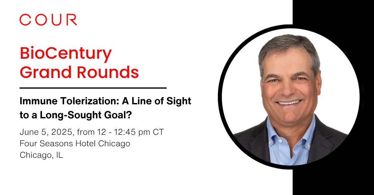Cour Pharmaceutical Development Company, Inc. (@courpharma) on Twitter photo On June 5, our Chief Medical Officer, Paul M. Peloso, MD, will speak in a panel at <a href="/BioCentury/">BioCentury</a>’s 2nd Grand Rounds in Chicago. He will discuss recent advances of immune tolerization technologies. Learn more about the conference: bit.ly/3FvnR8E On June 5, our Chief Medical Officer, Paul M. Peloso, MD, will speak in a panel at <a href="/BioCentury/">BioCentury</a>’s 2nd Grand Rounds in Chicago. He will discuss recent advances of immune tolerization technologies. Learn more about the conference: bit.ly/3FvnR8E