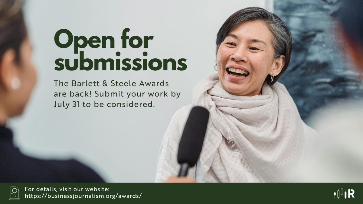BizJournalism's tweet image. We are now accepting entries for the 2025 Barlett & Steele Awards!
Submit your work by July 31st, 2025 to be considered. For more about the awards and details on how to enter, visit businessjournalism.org/awards/
#BizJournalism #JournalismAwards #InvestigativeJournalism