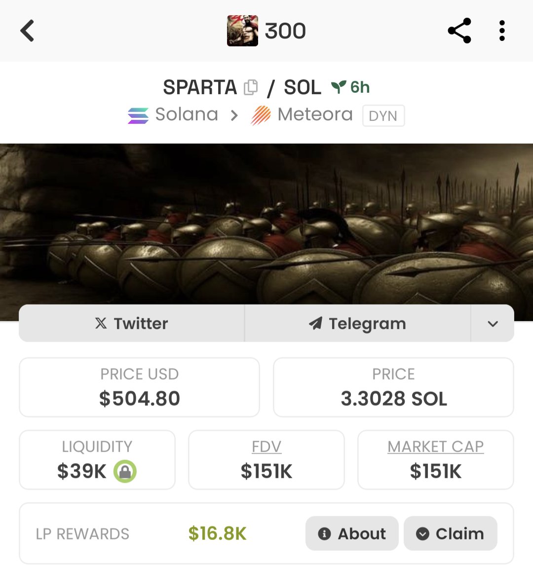 JCV_24's tweet photo. 16.8k in LP fees for a 6h old token, $GFM stakers eating good ๐
$300 SPARTA #gofundmeme https://t.co/c7sDdPPDrp