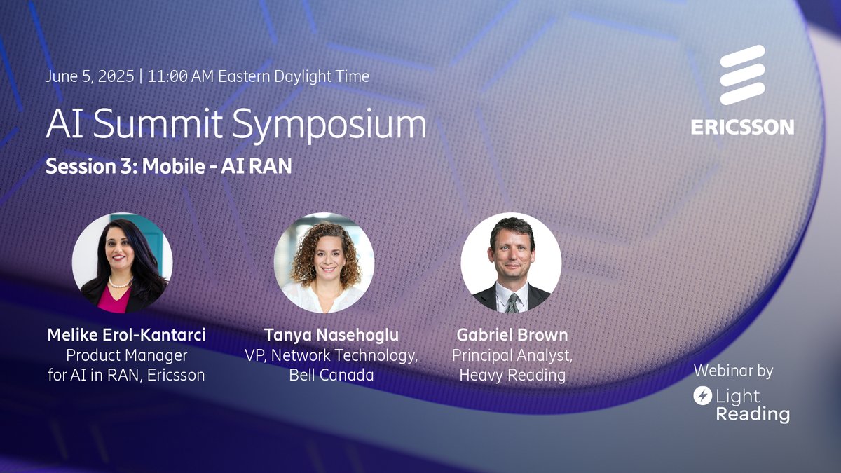 Ericsson (@ericsson) on Twitter photo #3GPP to the AI RAN Alliance-“AI-native RAN” journey is accelerating⚡
Join the AI Summit by <a href="/Light_Reading/">Light Reading</a> with Melike Erol-Kantarci to explore the impact of AI in service providers business transformation, networks performance & operations 📶
Register m.eric.sn/bLl750W2rTb #3GPP to the AI RAN Alliance-“AI-native RAN” journey is accelerating⚡
Join the AI Summit by <a href="/Light_Reading/">Light Reading</a> with Melike Erol-Kantarci to explore the impact of AI in service providers business transformation, networks performance & operations 📶
Register m.eric.sn/bLl750W2rTb