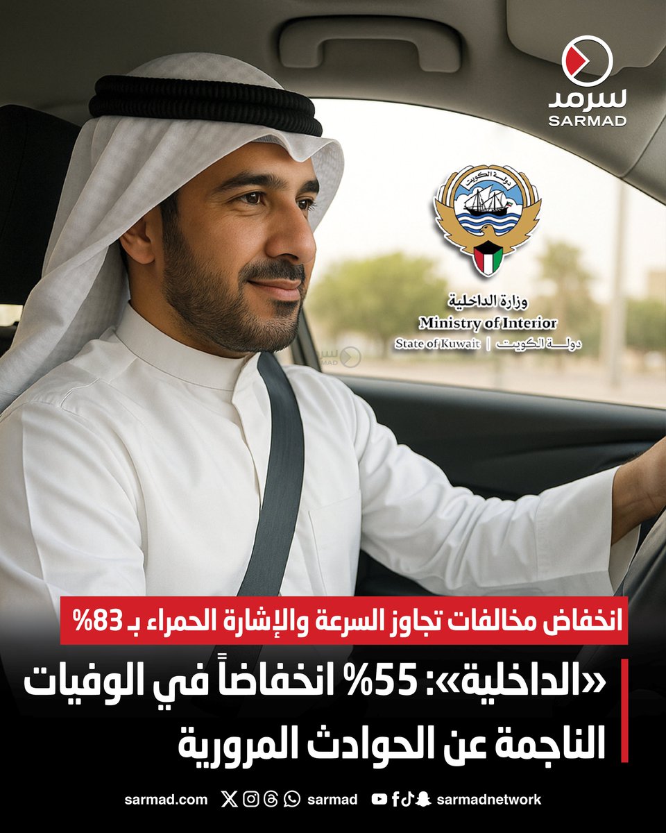 %55 انخفاضاً في الوفيات الناجمة عن #الحوادث_المرورية

• #وزارة_الداخلية: بعد تطبيق قانون المرور الجديد

• %83 انخفاضاً بمخالفات تجاوز السرعة والإشارة الحمراء

• انخفاض مخالفات حزام الأمان واستخدام الهاتف بـ75%

sarmad.com/279234/