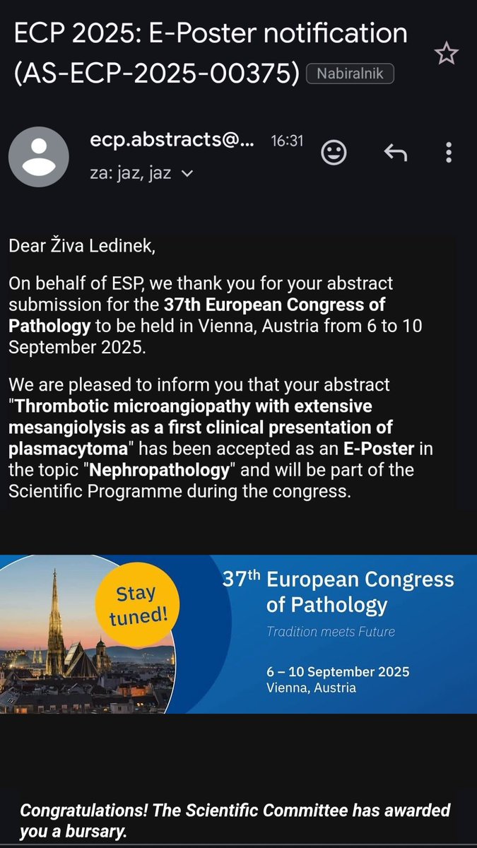 zivaledinek's tweet image. Best posible 📧 you can get from @ESP_Pathology. Thank you for all the support I have recieved 💙🔬 see you in Vienna 🇦🇹 #PathTrainee @EspTrainee #PathX #PathTwitter #ESP_congress #ESP_Alumni