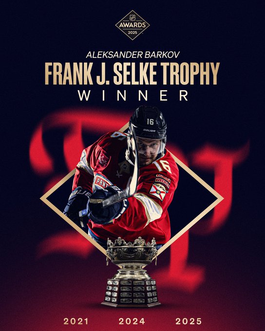 Dark background graphic with a gradient to red at the bottom.

In the center in a gold diamond is a cutout of Aleksander Barkov.

The trophy is in front of him.

At the top in gold font: "Aleksander Barkov, Frank J. Selke Trophy Winner"