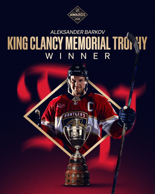 Dark background graphic with a gradient to red at the bottom.

In the center in a gold diamond is a cutout of Aleksander Barkov.

The trophy is in front of him.

At the top in gold font: "Aleksander Barkov, King Clancy Memorial Trophy Winner"