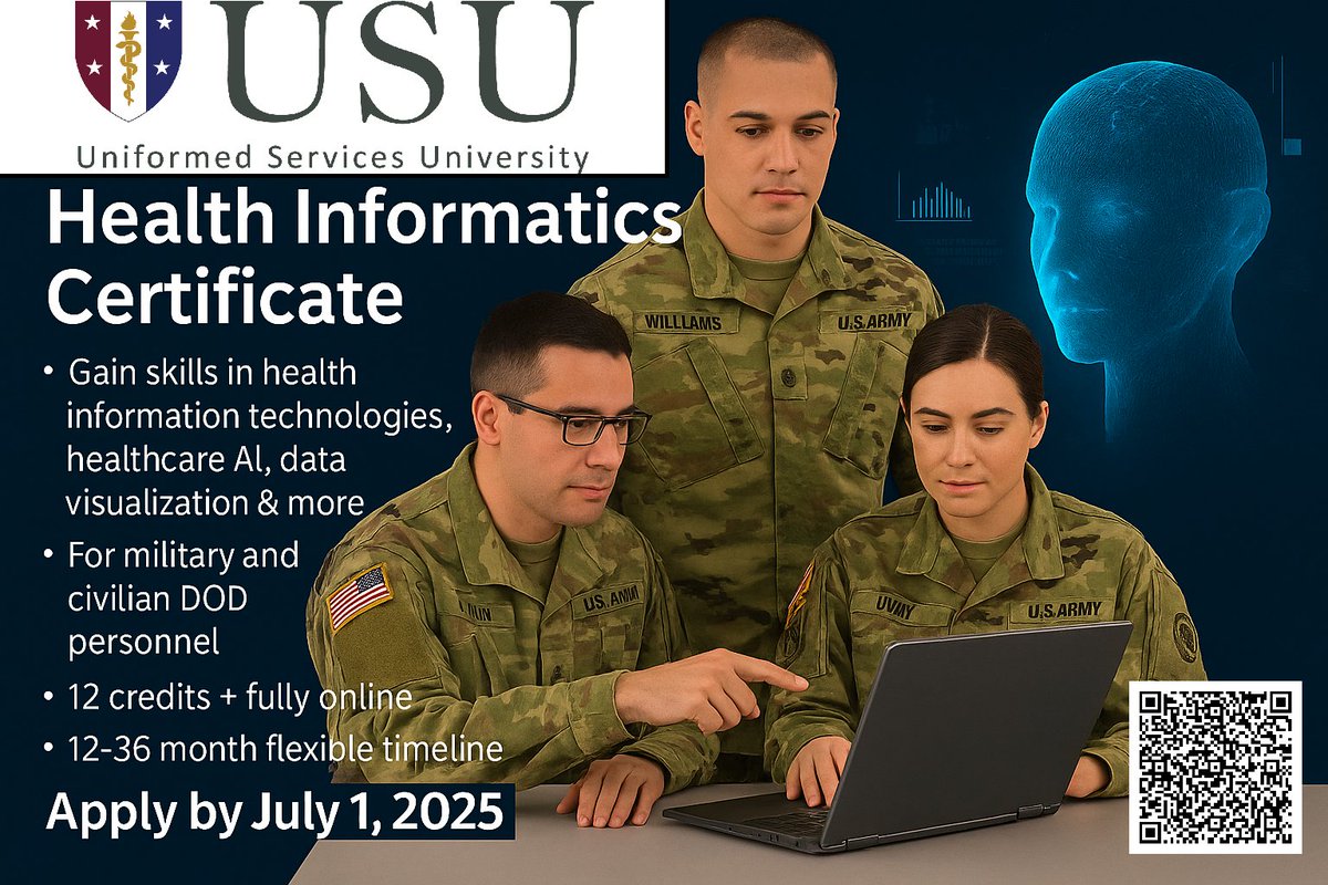 Eric Elster, MD, FACS, CAPT, MC, USN (Ret.) (@drelsterususom) on Twitter photo The new HIIS certificate program at <a href="/USUhealthsci/">Uniformed Services University</a> covers health information tech, healthcare AI, data analytics, and more. Fully online and flexible, the program can be completed in 12 to 36 months, accommodating military and professional commitments:
bit.ly/4dHXBEN The new HIIS certificate program at <a href="/USUhealthsci/">Uniformed Services University</a> covers health information tech, healthcare AI, data analytics, and more. Fully online and flexible, the program can be completed in 12 to 36 months, accommodating military and professional commitments:
bit.ly/4dHXBEN