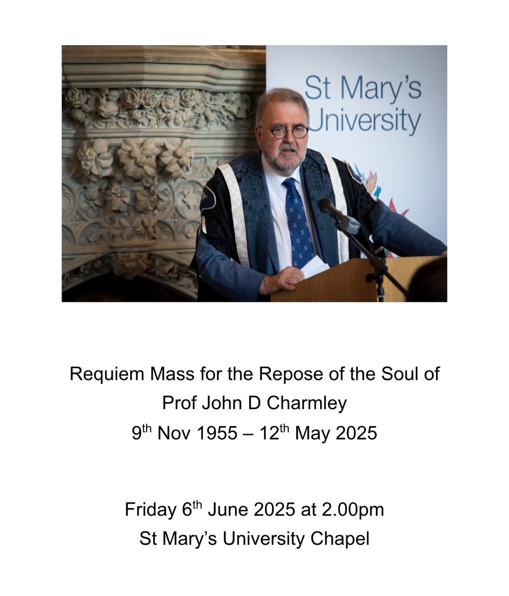 Requiem Mass for Prof Charmley

📍St Mary’s University Chapel
🕰️ Friday 6th June at 2pm followed by refreshments