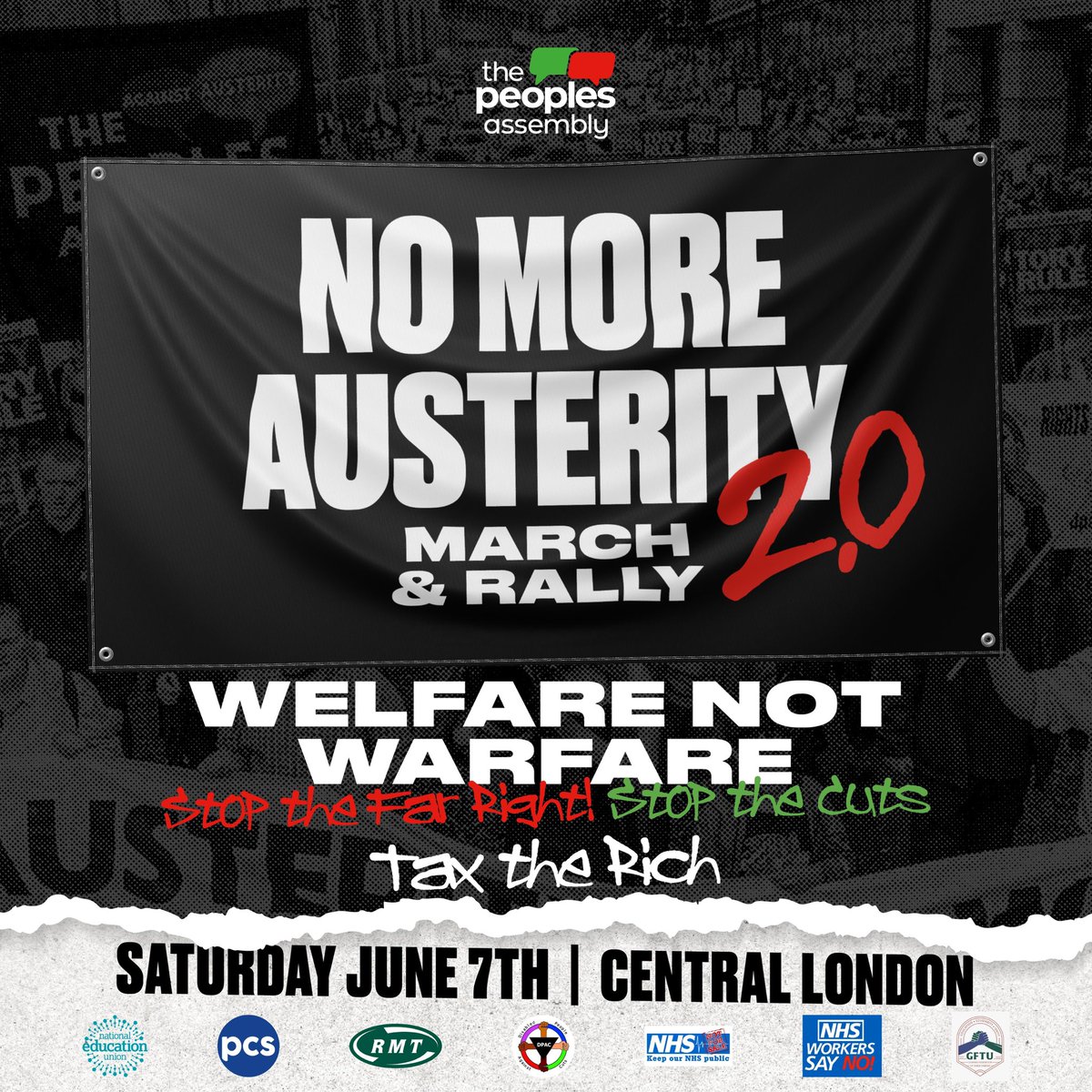 General Federation of Trade Unions (@gftu1) on Twitter photo 🚩 THIS SATURDAY 🚩
National Demo to #EndAusterity ✊ | <a href="/pplsassembly/">People's Assembly</a> | London
👏 Serve. 👏 People. 👏 Not. 👏 Profits
#WelfareNotWarfare #StopTheCuts #TaxTheRich #GFTU 🚩 THIS SATURDAY 🚩
National Demo to #EndAusterity ✊ | <a href="/pplsassembly/">People's Assembly</a> | London
👏 Serve. 👏 People. 👏 Not. 👏 Profits
#WelfareNotWarfare #StopTheCuts #TaxTheRich #GFTU