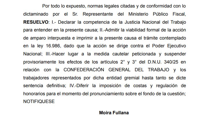 🚨La justicia suspendió el DNU 340 que limita el derecho a huelga. Fue a partir de una presentación de la CGT.