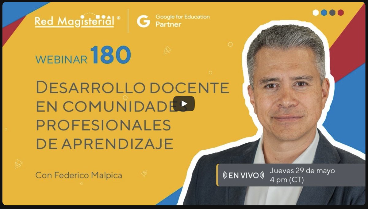 🎓 Desarrollo Docente en Comunidades Profesionales de Aprendizaje
📅 29.05.2025 | 🌐 Webinar 180 | Red Magisterial
Nuestro director, el Dr. Federico Malpica, participó como ponente en el Webinar 180 de Red Magisterial:
🔗 youtube.com/live/s1wi6yVIy…

#TeachersPRO #RedMagisterial