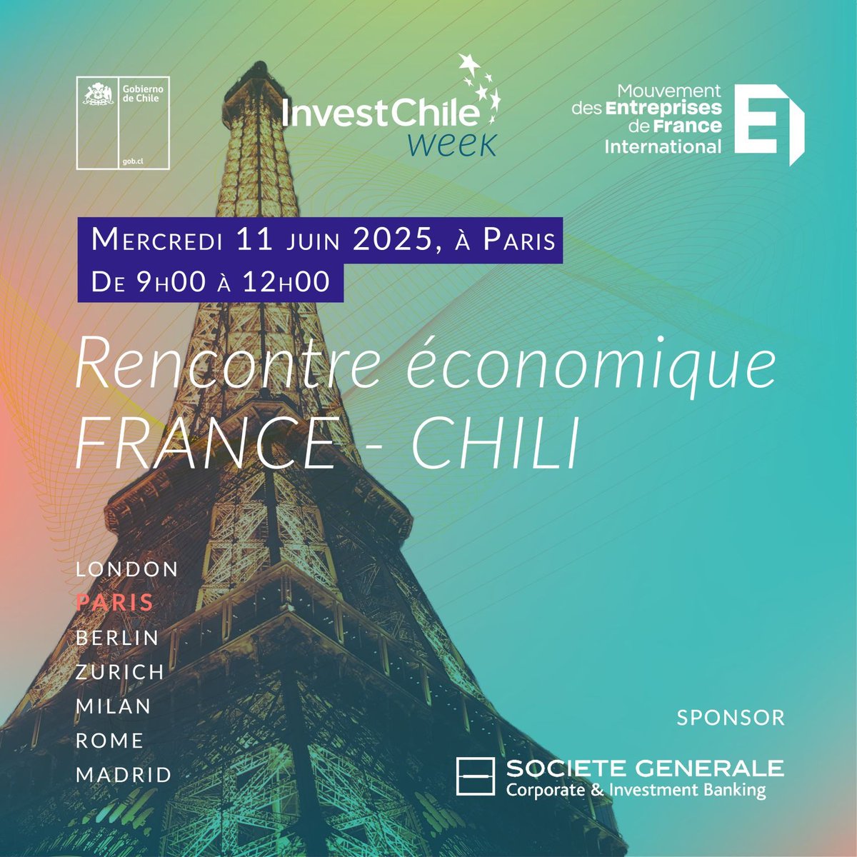 Embajada de Chile en Francia (@embchilefrancia) on Twitter photo El día 11 de junio autoridades chilenas visitarán París para promover oportunidades de inversión que ofrece Chile.
La actividad se realizará en conjunto a la Emb de Chile en Francia y a los aliados <a href="/MEDEF_I/">MEDEF International</a> y <a href="/SocieteGenerale/">Societe Generale Group</a> .
<a href="/InvestChile/">InvestChile</a> <a href="/Subse_OOPP/">Subsecretaría de Obras Públicas</a> <a href="/mop_chile/">Ministerio de Obras Públicas🇨🇱</a> <a href="/MinMineria_cl/">Ministerio de Minería de Chile</a> El día 11 de junio autoridades chilenas visitarán París para promover oportunidades de inversión que ofrece Chile.
La actividad se realizará en conjunto a la Emb de Chile en Francia y a los aliados <a href="/MEDEF_I/">MEDEF International</a> y <a href="/SocieteGenerale/">Societe Generale Group</a> .
<a href="/InvestChile/">InvestChile</a> <a href="/Subse_OOPP/">Subsecretaría de Obras Públicas</a> <a href="/mop_chile/">Ministerio de Obras Públicas🇨🇱</a> <a href="/MinMineria_cl/">Ministerio de Minería de Chile</a>