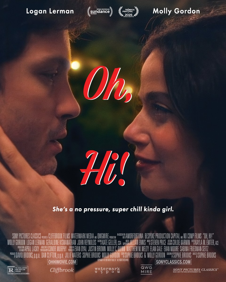 Molly Gordon, Logan Lerman, Geraldine Viswanathan, and John Reynolds. Screenplay &amp; Directed by Sophie Brooks.  #OhHiMovie opens only in theaters July 25 👋🍓🌻