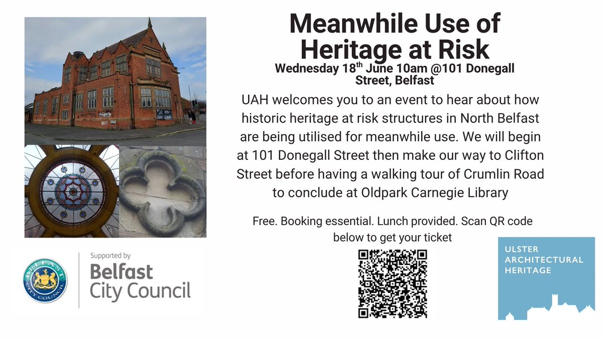 Join UAH for an event focusing on Meanwhile Use of Heritage at Risk buildings on Wednesday 18th June. Heritage structures that are in use or partially in use stand a greater chance of staving off decay. We will be joined by James Cromey from the North Belfast Heritage Cluster,