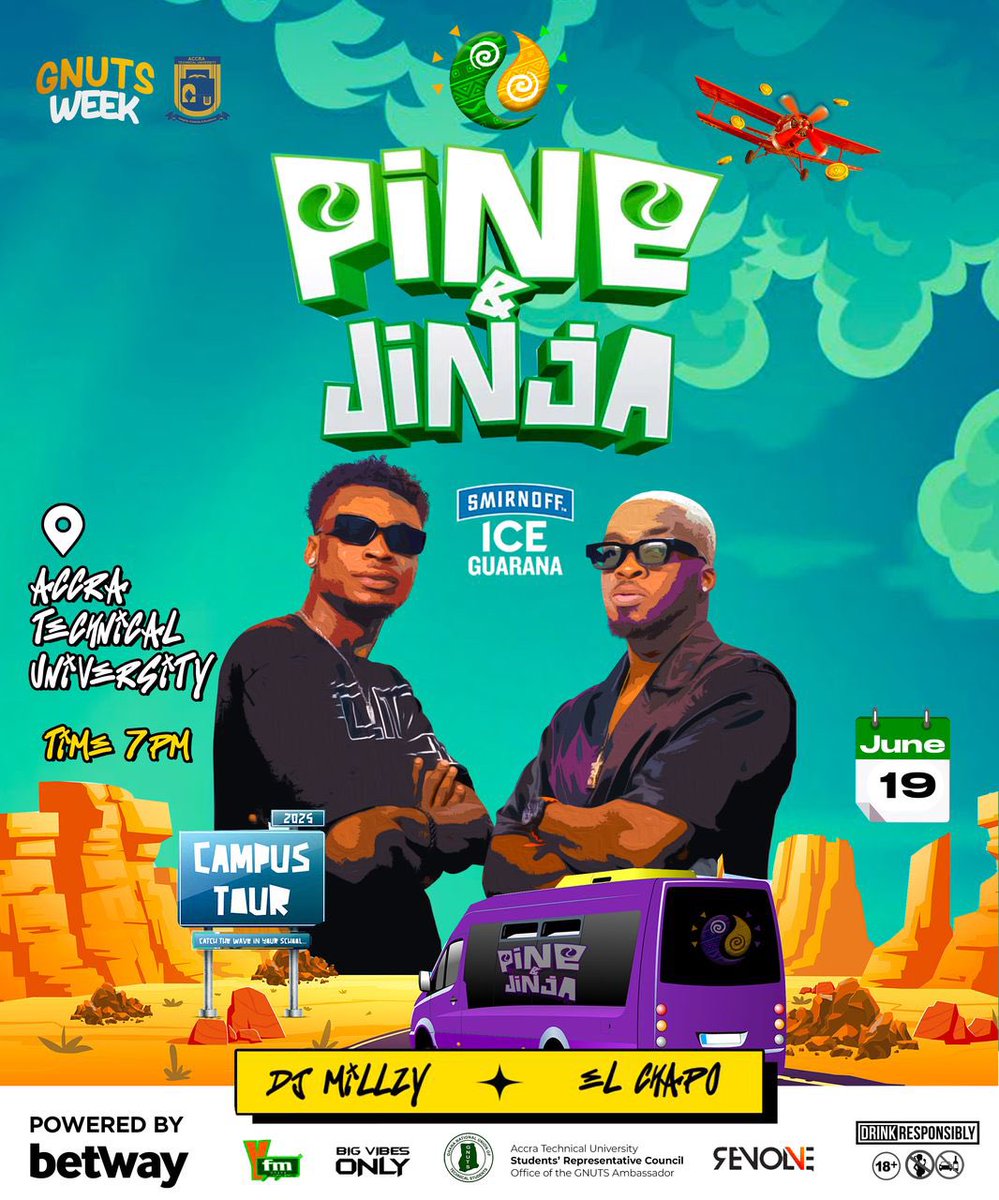 🎉 Get ready to turn up the heat at Accra Technical University! 🔥
The Pine &amp; Jinja Campus Tour is coming your way this June 19th at 7PM and it’s about to be vibes only! 🌴✨
🎧 Powered by Smirnoff Ice Guarana
🎶 Featuring DJ Millzy &amp; El Chapo
🚌 Brought to you by Echo Campus,