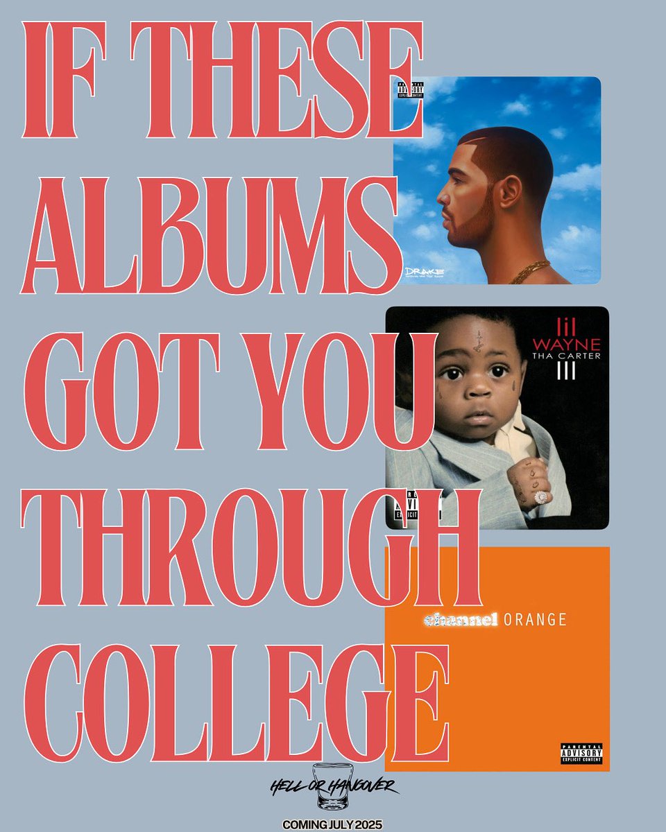 alexmooka's tweet image. If you were in college in the 2010’s you were either listening to these three albums or Levels by Avicii on repeat.
Hell or Hangover
An ode to the 2010’s
Out July 2025