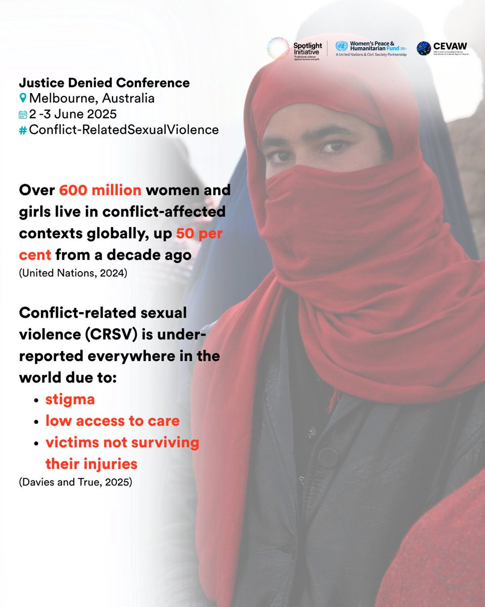 Spotlight Initiative (@globalspotlight) on Twitter photo At the #JusticeDenied2025 Conference (2–3 June, Melbourne), we unite to demand accountability & support for survivors of #GBV and #CRSV.
Join <a href="/GlobalSpotlight/">Spotlight Initiative</a>, <a href="/wphfund/">Women's Peace & Humanitarian Fund</a>, <a href="/_CEVAW/">CEVAW</a> and partners in advancing justice & gender equality.
#EVAWG #GenderEquality #WithHer #SDG5 At the #JusticeDenied2025 Conference (2–3 June, Melbourne), we unite to demand accountability & support for survivors of #GBV and #CRSV.
Join <a href="/GlobalSpotlight/">Spotlight Initiative</a>, <a href="/wphfund/">Women's Peace & Humanitarian Fund</a>, <a href="/_CEVAW/">CEVAW</a> and partners in advancing justice & gender equality.
#EVAWG #GenderEquality #WithHer #SDG5