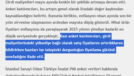 İSO PMI anketinden çıkan en dikkat çekici cümle.

Ama hemen heyecanlanmayın: Fiyatlar yalnızca teksilde düşüyor. Kimyasal/plastik/kauçuk ve ana metalde yavaşlayarak da olsa artıyor.

Diğer tüm sektörlerde ise hala kuvvetli devam ediyor.