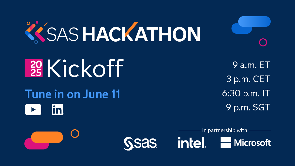 Ready to kick off the 5th annual global #SASHackathon? Join online June 11 to learn more about this year's month-long event and registration details, as well as hear inspiring innovation stories from past winners. Reserve the spot on your calendar now! 📆 2.sas.com/6014NCa18