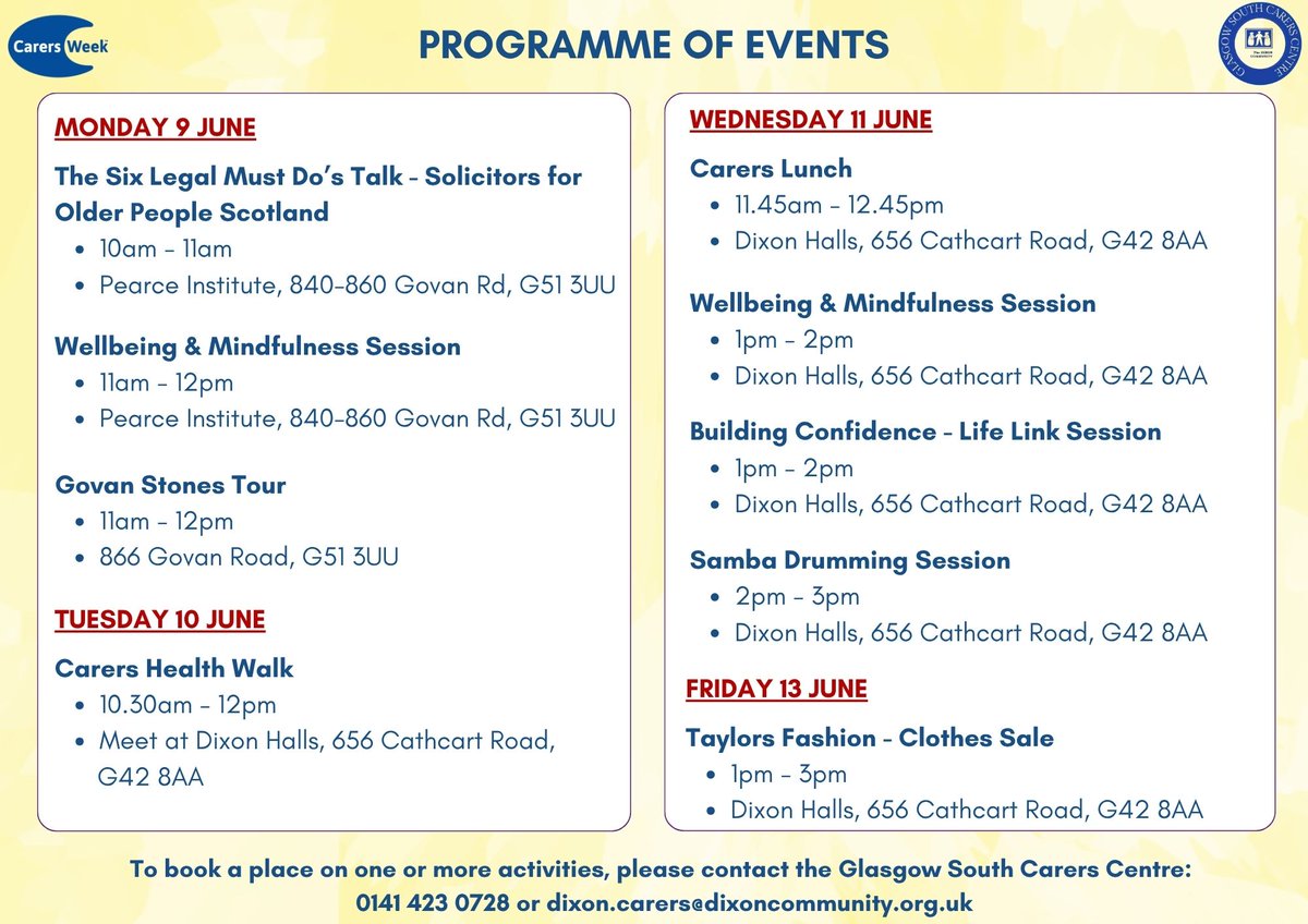 Carers Week 2025 will take place from June 9th to June 15th. Glasgow South Carers Centre will be hosting a range of FREE events  for unpaid carers in the South of Glasgow. Register to attend the events here - forms.office.com/e/dAe2WemELm
