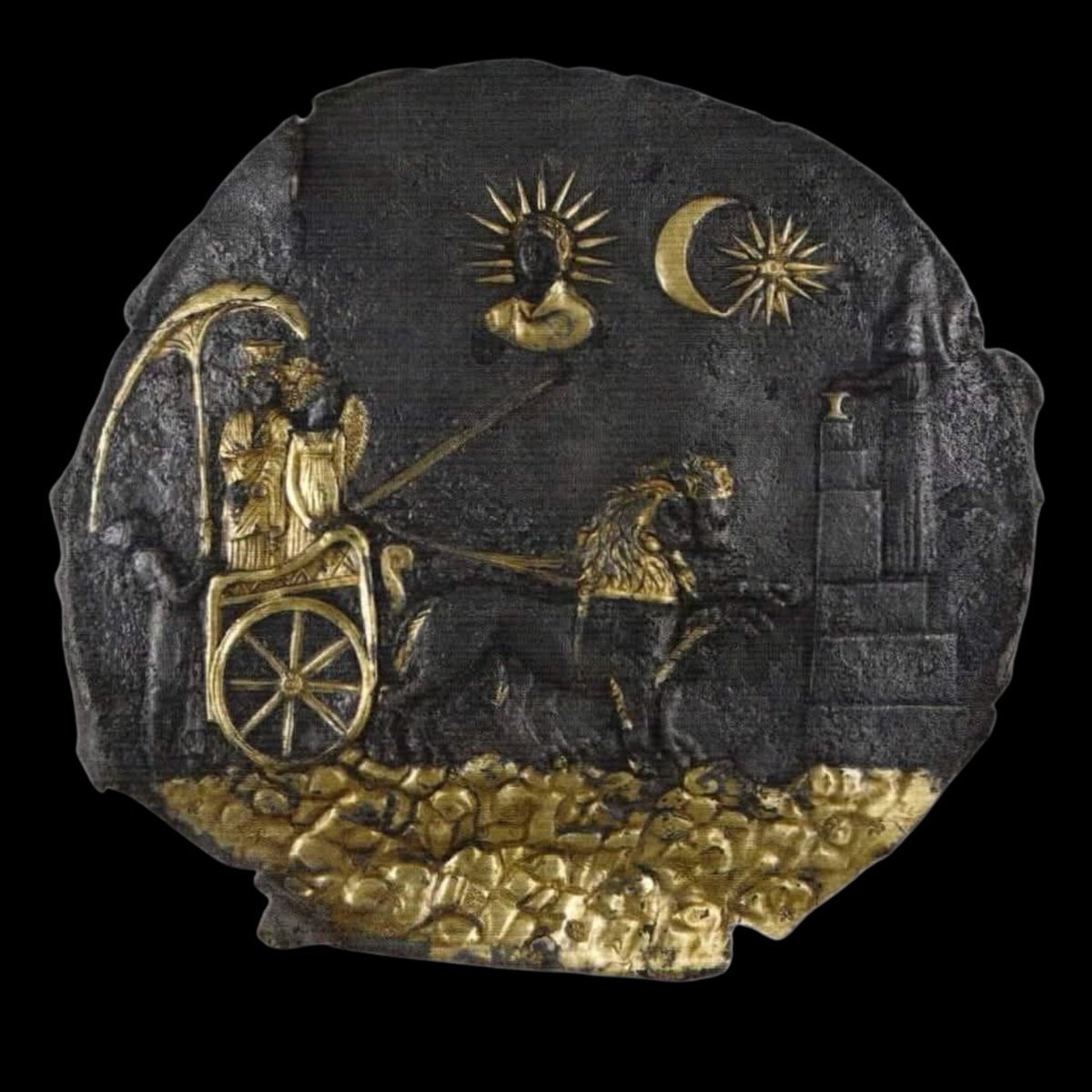 Fusion of Worlds: The Ai-Khanoum Votive Disk

Discovered in ancient Ai-Khanoum, this 3rd-century BCE silver-gilt votive disk beautifully merges Greek and Aryan traditions. It features the goddess Cybele on a lion-drawn chariot beside winged Nike, surrounded by celestial symbols