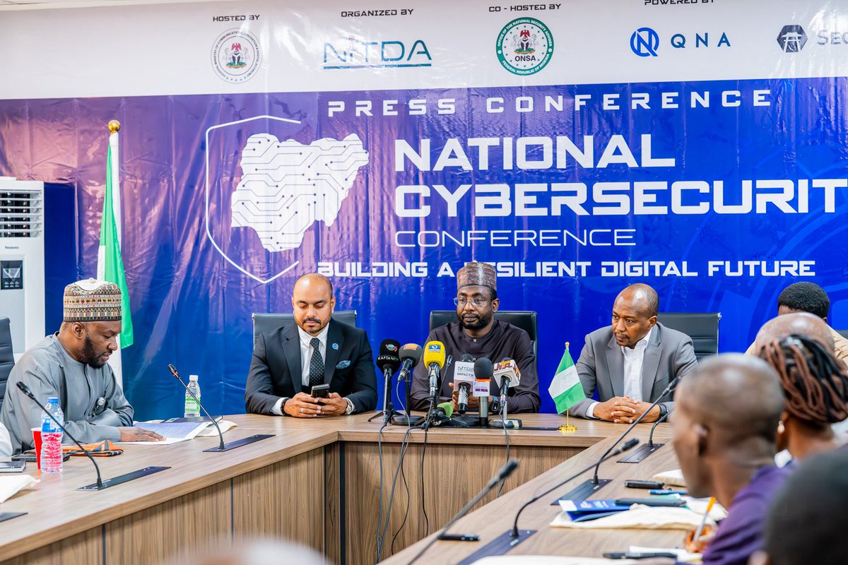 NITDANigeria's tweet photo. Today marks a significant milestone in Nigeria's cybersecurity ecosystem.

NITDA, in collaboration with the Office of the National Security Adviser (ONSA), QNA, and key public and private sector partners, officially announced the first-ever National Cybersecurity Conference 2025 at a press conference held at the agency's headquarters in Abuja. 

The conference is scheduled to be held on July 9th and 10th, 2025, at the Abuja Continental Hotel, Abuja, Nigeria. 

The theme, “Building a Resilient Digital Future,” highlights the urgent need for strong cybersecurity measures in a rapidly evolving digital world. 

The conference will bring together policymakers, cybersecurity professionals, international experts, and industry leaders from Nigeria, Africa, and around the globe. This aligns with the President's Renewed Hope Agenda of strengthening national security for peace and prosperity.