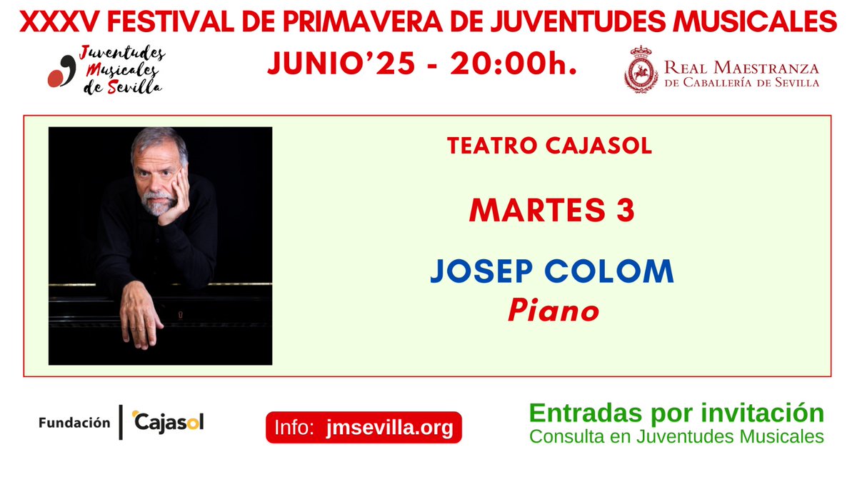 Si no quieres perderte este concierto, con el que inauguramos la XXXV edición de nuestro Festival de Primavera, recoge tu invitación en la taquilla de la Fundación <a href="/Cajasol/">Fundación Cajasol</a> antes de que se agoten (de 11:00h a 14:00h y de 18:00h a 21:00h). 

Toda la info en jmsevilla.org
