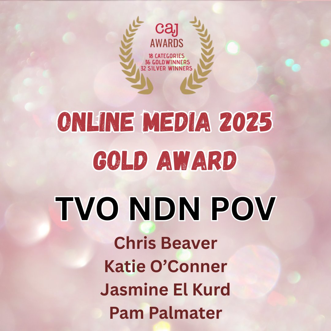 Yeah!! <a href="/tvo/">TVO.me</a> NDN POV educational video series on Indigenous issues just won the <a href="/caj/">Canadian Association of Journalists</a> Online Media Gold Award (2025). My good friend <a href="/chris_beaver/">Chris Beaver</a> &amp; I worked so hard on this series with Katie O'Connor and Jasmine El Kurd. What an honour to work with them! Thanks CAJ!! #indigenous