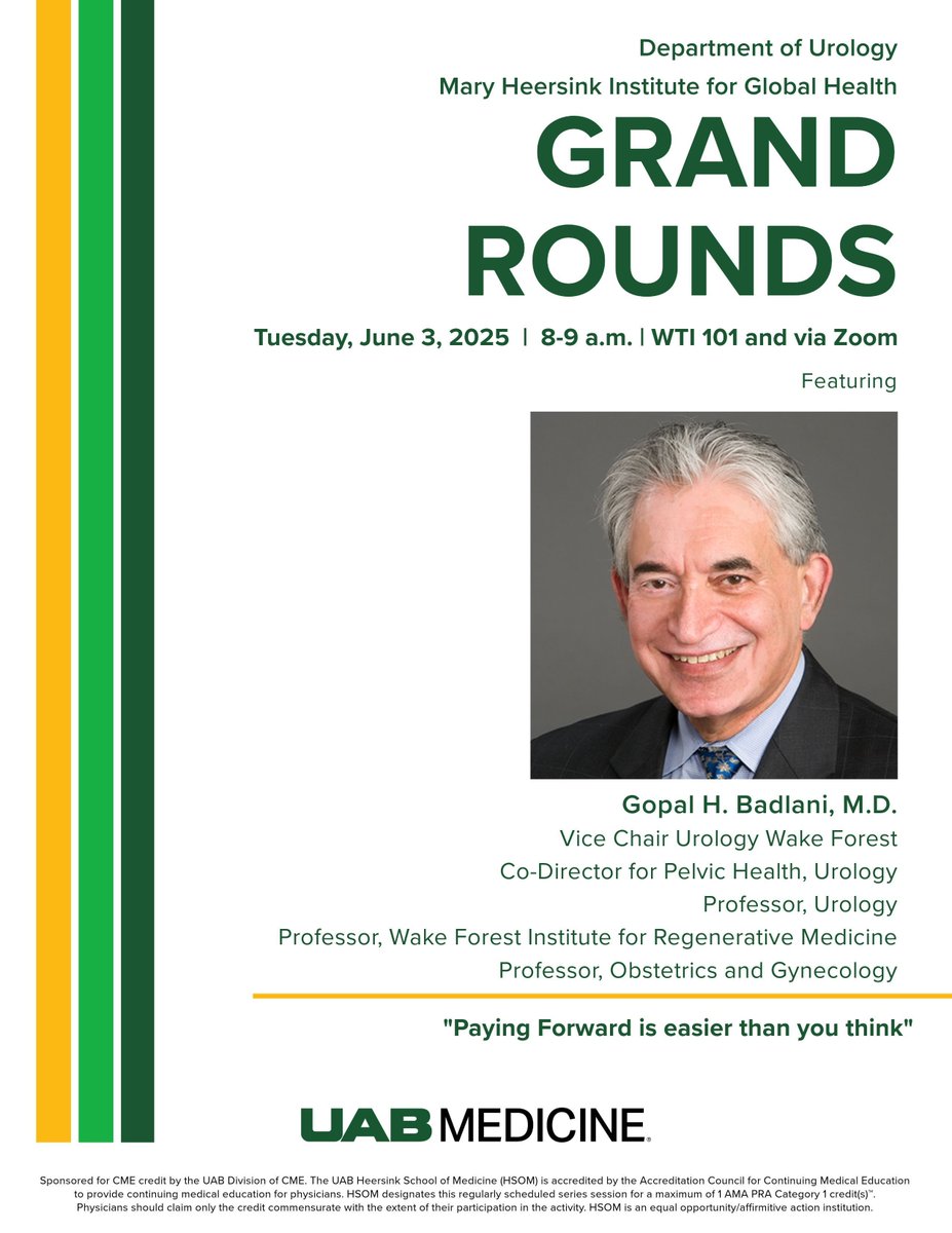 UAB Urology (@uaburology) on Twitter photo TOMORROW: Join the Department of Urology and <a href="/uabglobalhealth/">UAB Mary Heersink Institute for Global Health</a> for our Grand Rounds series with Gopal H. Badlani, M.D., on Tuesday, June 3 from 8-9 a.m.
<a href="/wakeurology/">Wake Forest Urology</a>
<a href="/WFIRMnews/">Wake Forest Institute for Regenerative Medicine</a>
<a href="/UABHeersink/">UAB Heersink School of Medicine</a> TOMORROW: Join the Department of Urology and <a href="/uabglobalhealth/">UAB Mary Heersink Institute for Global Health</a> for our Grand Rounds series with Gopal H. Badlani, M.D., on Tuesday, June 3 from 8-9 a.m.
<a href="/wakeurology/">Wake Forest Urology</a>
<a href="/WFIRMnews/">Wake Forest Institute for Regenerative Medicine</a>
<a href="/UABHeersink/">UAB Heersink School of Medicine</a>