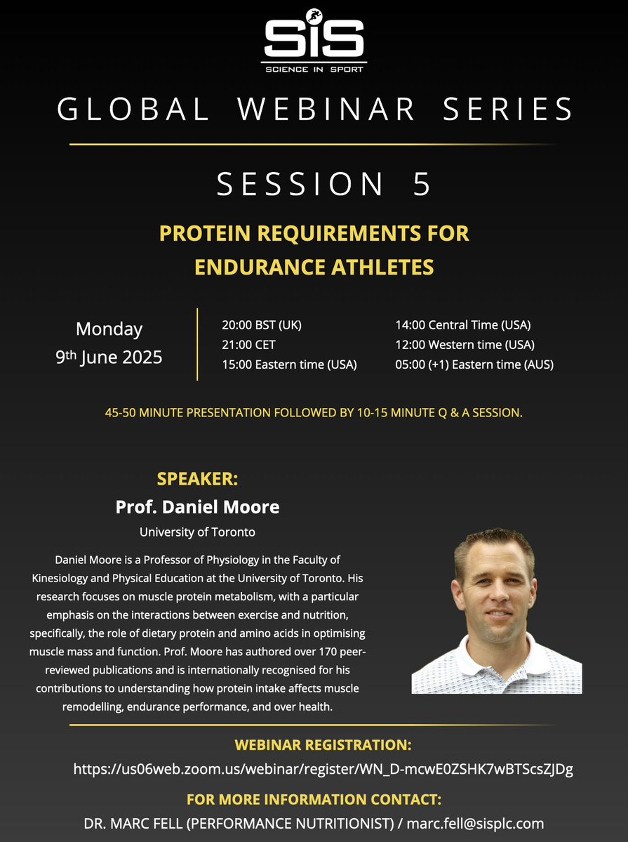 Marc Fell (@marcfell1) on Twitter photo 🚨Session 5 of the <a href="/ScienceinSport/">Science in Sport</a> Webinar Series
Exploration of the latest research and emerging perspectives on protein requirements specific to endurance exercise and athletes.
📆 Mon 9th June
🌍 Global times below
🎙️ Prof. Daniel Moore
Register: us06web.zoom.us/webinar/regist… 🚨Session 5 of the <a href="/ScienceinSport/">Science in Sport</a> Webinar Series
Exploration of the latest research and emerging perspectives on protein requirements specific to endurance exercise and athletes.
📆 Mon 9th June
🌍 Global times below
🎙️ Prof. Daniel Moore
Register: us06web.zoom.us/webinar/regist…