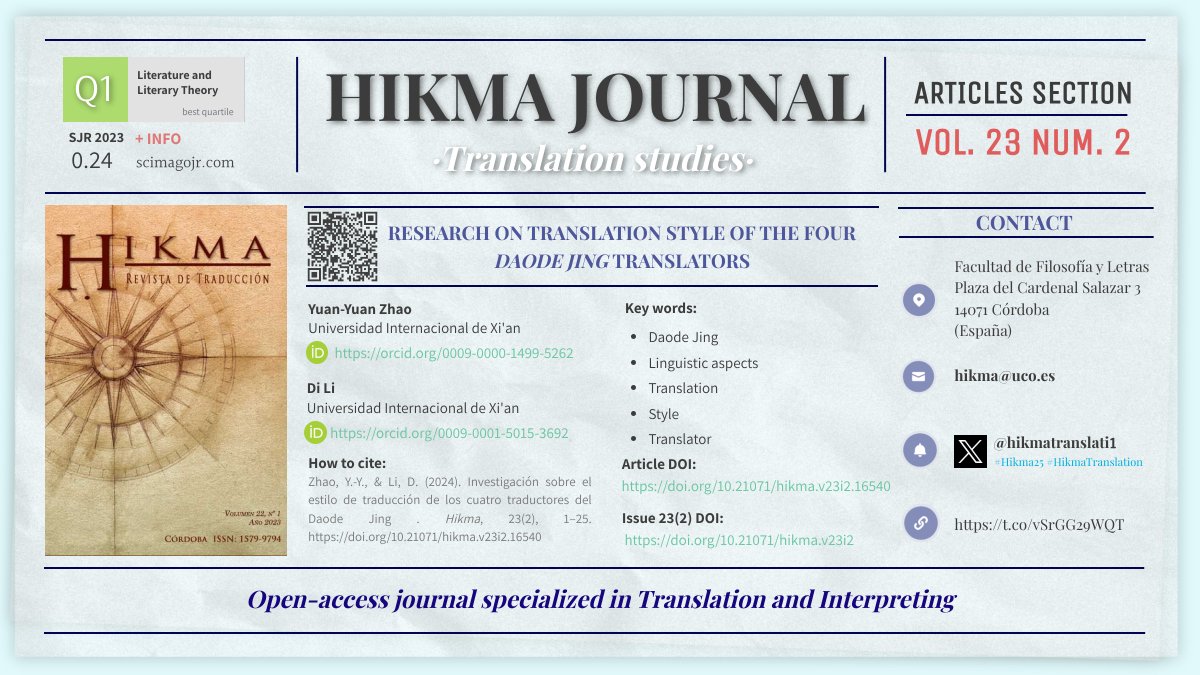 hikmatranslation (@hikmatranslati1) on Twitter photo In “Research on Translation Style of the Four Daode Jing Translators”, Yuan-Yuan Zhao, & Di Li show the linguistic analysis results on a corpus of four Spanish translations of “Daode Jing”, focusing on the cultural, social & personal aspects. Read at: bit.ly/4kLt4YS #t9n In “Research on Translation Style of the Four Daode Jing Translators”, Yuan-Yuan Zhao, & Di Li show the linguistic analysis results on a corpus of four Spanish translations of “Daode Jing”, focusing on the cultural, social & personal aspects. Read at: bit.ly/4kLt4YS #t9n