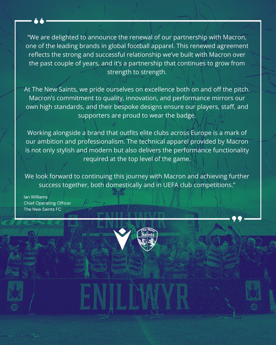 Macron Sports Hub Wrexham (@macronwrexham) on Twitter photo Announcement 📣 <a href="/MacronWrexham/">Macron Sports Hub Wrexham</a> & <a href="/tnsfc/">The New Saints FC</a> have renewed their partnership for the foreseeable future!
Read what Mike Davies - Managing Director <a href="/MacronWrexham/">Macron Sports Hub Wrexham</a> and Ian Williams - Chief Operating Officer <a href="/tnsfc/">The New Saints FC</a> had to say.
#BecomeYourOwnHero #TNSFC Announcement 📣 <a href="/MacronWrexham/">Macron Sports Hub Wrexham</a> & <a href="/tnsfc/">The New Saints FC</a> have renewed their partnership for the foreseeable future!
Read what Mike Davies - Managing Director <a href="/MacronWrexham/">Macron Sports Hub Wrexham</a> and Ian Williams - Chief Operating Officer <a href="/tnsfc/">The New Saints FC</a> had to say.
#BecomeYourOwnHero #TNSFC