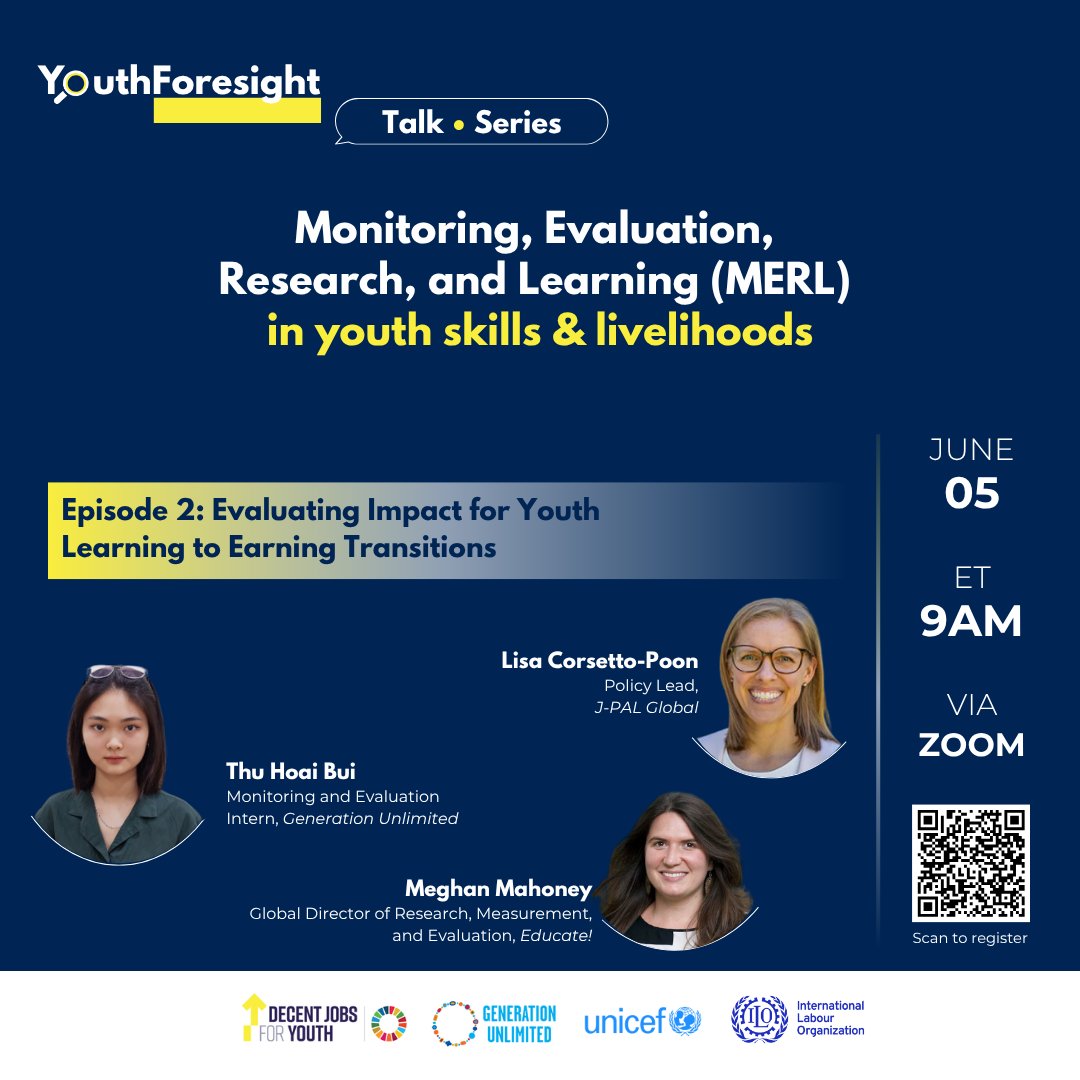 🎙️ Meet the speakers of Episode 2!
The #YouthForesight Talk Series continues with a new expert panel diving into MERL and zooming in on:
🔍 Evaluating Impact for Youth Learning-to-Earning Transitions

📅 Register now: bit.ly/45s53S9
💡 Learn more: bit.ly/4djLEFa