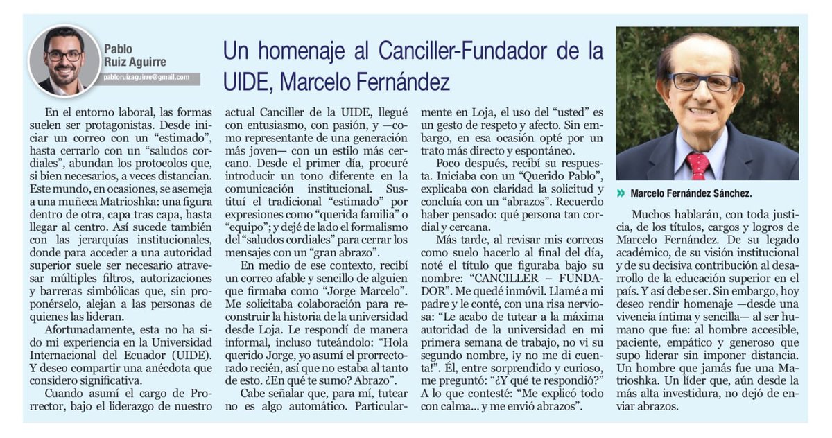 Un homenaje al Canciller-Fundador de la UIDE, Marcelo Fernández

En el entorno laboral, las formas suelen ser protagonistas. Desde iniciar un correo con un “estimado”, hasta cerrarlo con un “saludos cordiales”, abundan los protocolos que, si bien necesarios, a veces distancian.