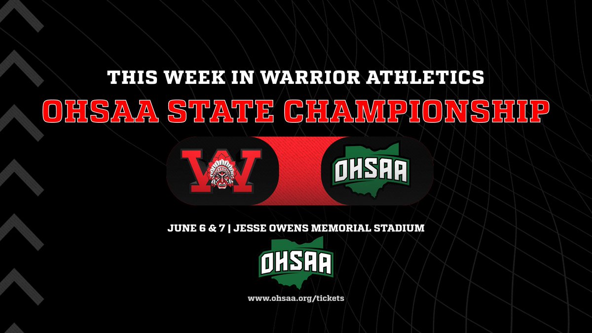 Wayne Athletics (@wayneathletics) on Twitter photo This Week in Warrior Athletics | 6/2 - 6/8
<a href="/TrackWayne/">Wayne Warrior Track and Field</a> is the lone program left as they send a handful of student-athletes to the OHSAA State Track & Field meet this weekend at Jesse Owens Memorial Stadium in Columbus!
ποΈ | ohsaa.org/tickets
#WarriorPride This Week in Warrior Athletics | 6/2 - 6/8
<a href="/TrackWayne/">Wayne Warrior Track and Field</a> is the lone program left as they send a handful of student-athletes to the OHSAA State Track & Field meet this weekend at Jesse Owens Memorial Stadium in Columbus!
ποΈ | ohsaa.org/tickets
#WarriorPride