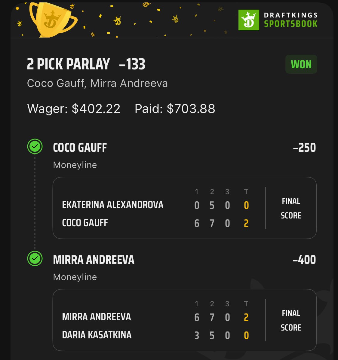 BrandonTheProf's tweet image. WE CLIMB ON ‼️

Day 1:🪜$100 —&amp;gt;$205🪜✅
Day 2:🪜$205 —&amp;gt;$402🪜✅
Day 3:🪜$402 —&amp;gt;$703🪜✅

Last 68 Free Plays: 49-19 (+59.5U) 🤑

LIKE + RT IF YOU WANT DAY 4 FREE 🔐