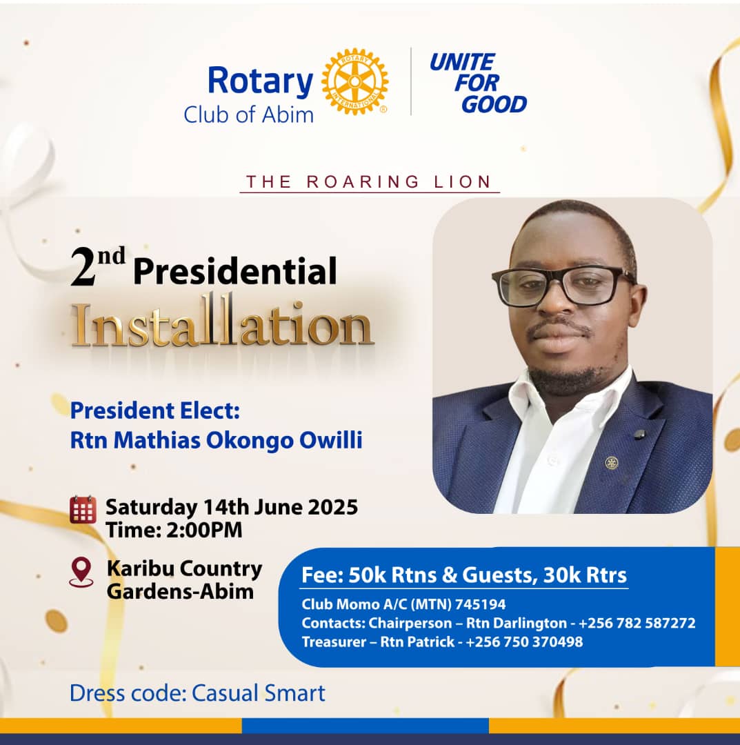 mathiasowilli's tweet image. We invite you to be part of the second presidential installation of the Rotary Club of Abim on June 14 2025, an event marking a significant milestone in our journey of transition. Venue is, _Karibu Country Gardens, Abim.
We look forward to celebrating with you!