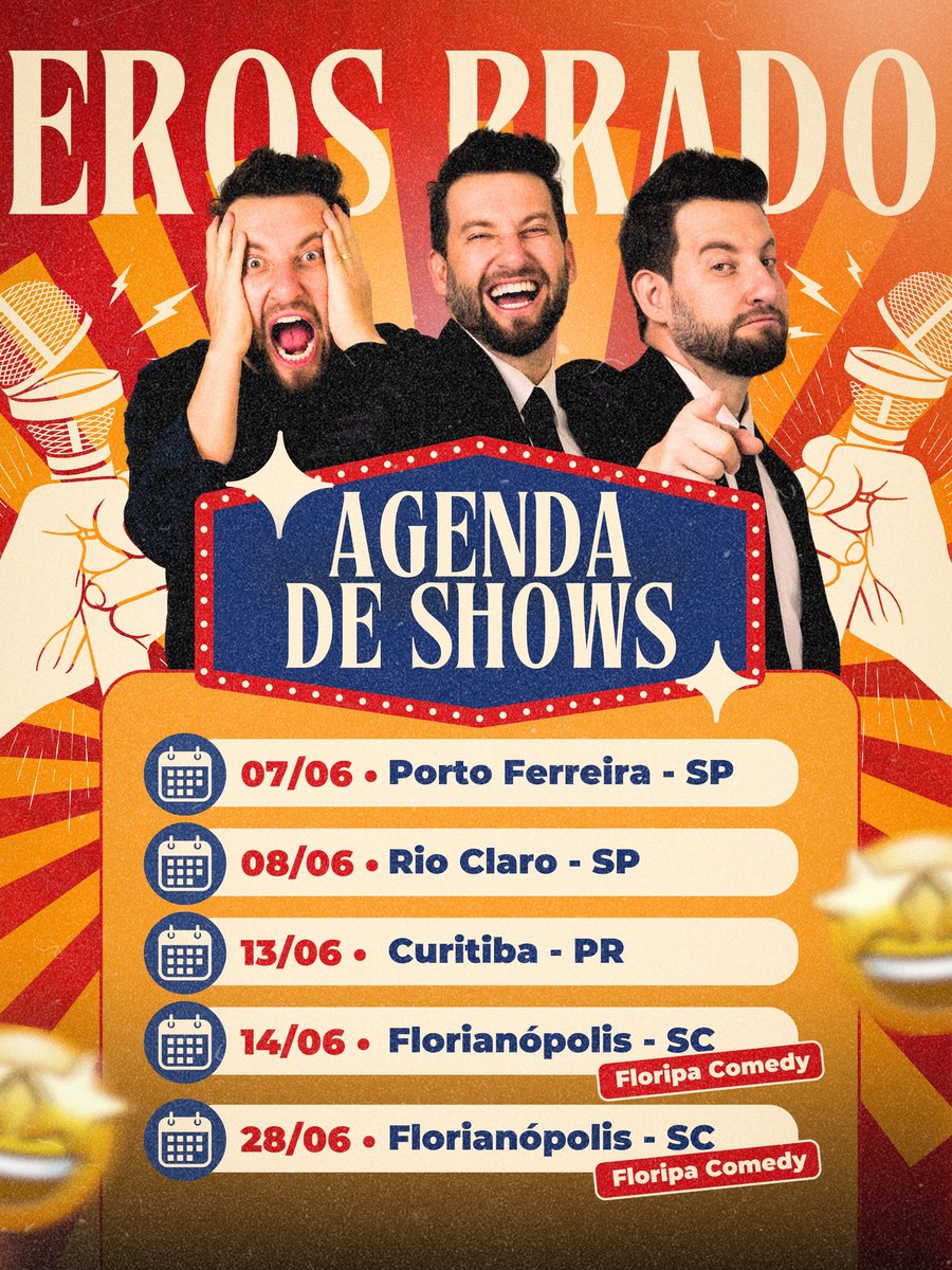 ErosPrado's tweet photo. Agenda de Shows de Junho! Comenta aí qual cidade faltou que a gente já encaixa na próxima ! #humor #comedia #PowerCouple #erosprado #rioclaro #portoferreira #florianopolis https://t.co/5mFJytbmCS